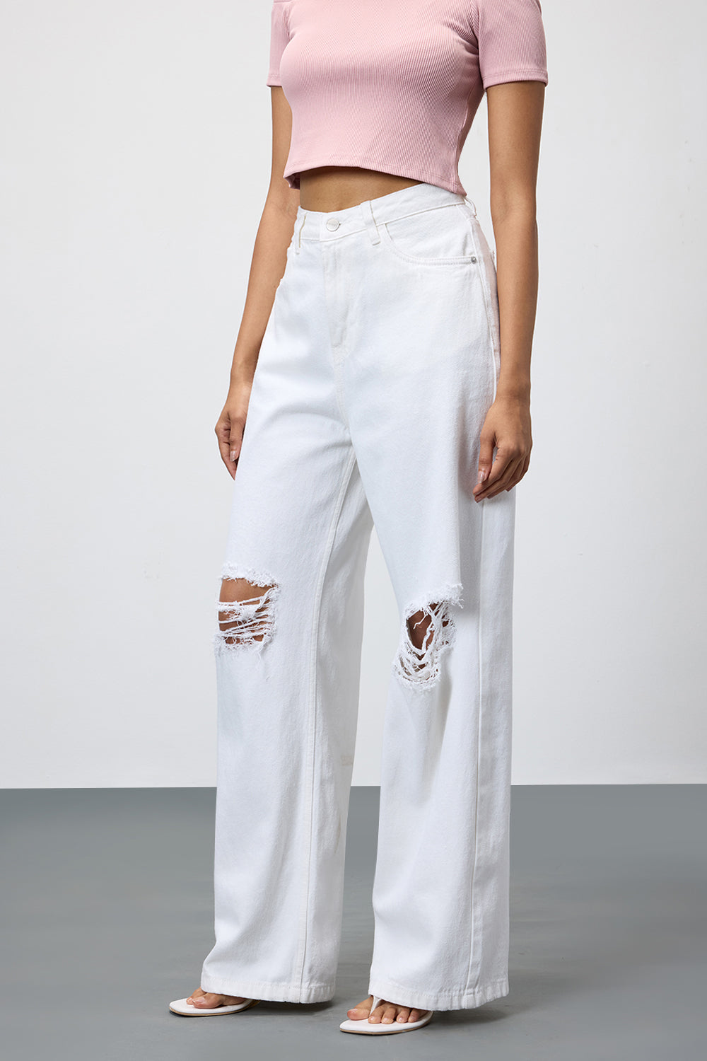 Pearl White Ripped Women's Wide Leg Jeans