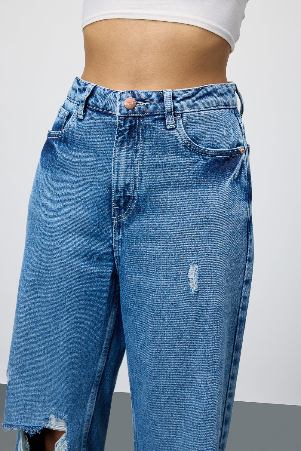 Mid Blue Ripped Women's Straight Jeans