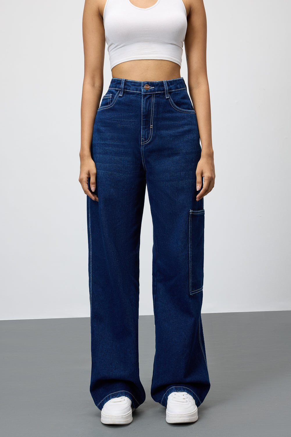 Blue Pinstripe Pocket Women's Baggy Straight Cargo Pants