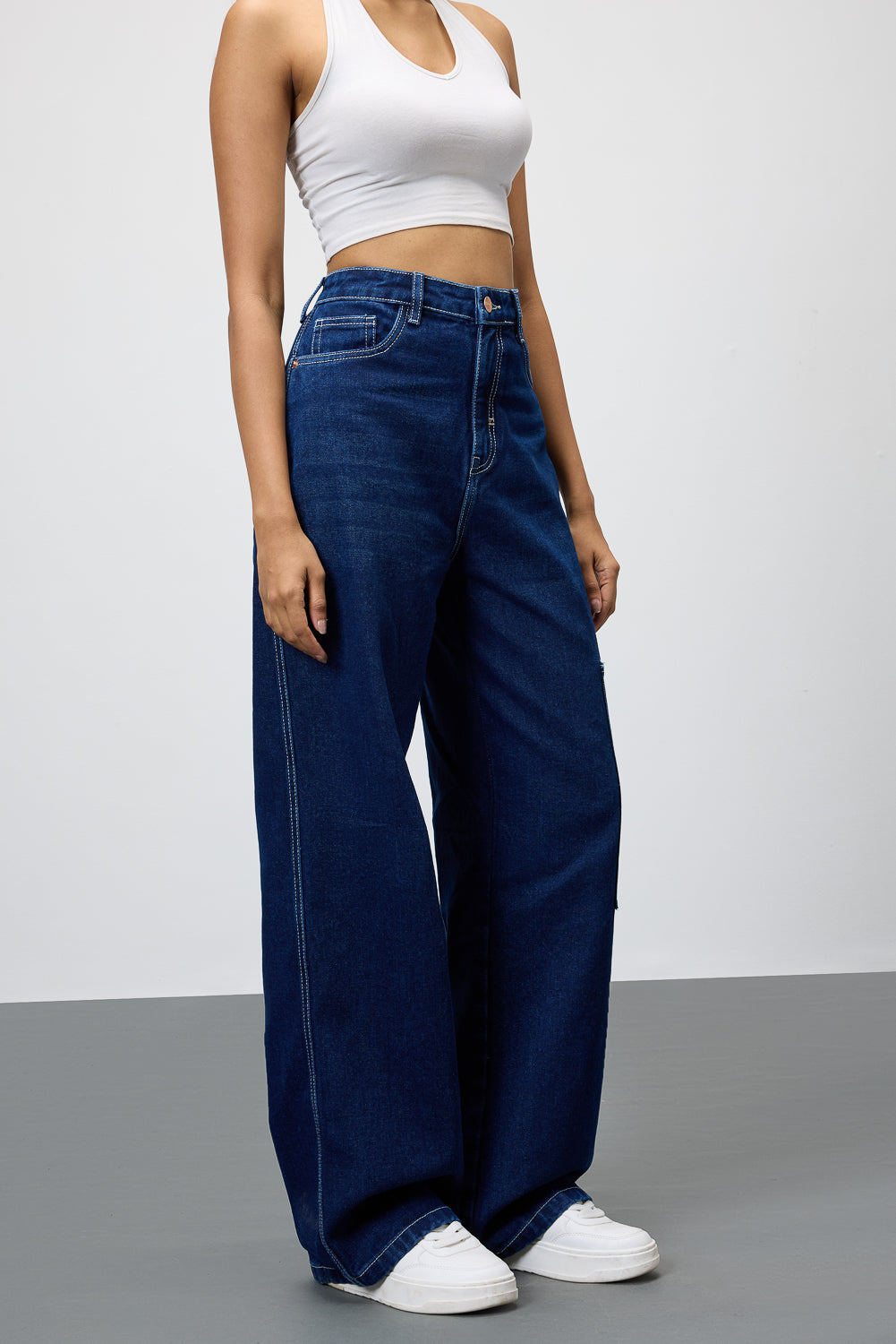 Blue Pinstripe Pocket Women's Baggy Straight Cargo Pants