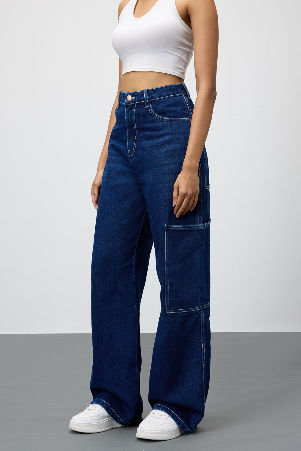 Blue Pinstripe Pocket Women's Baggy Straight Cargo Pants