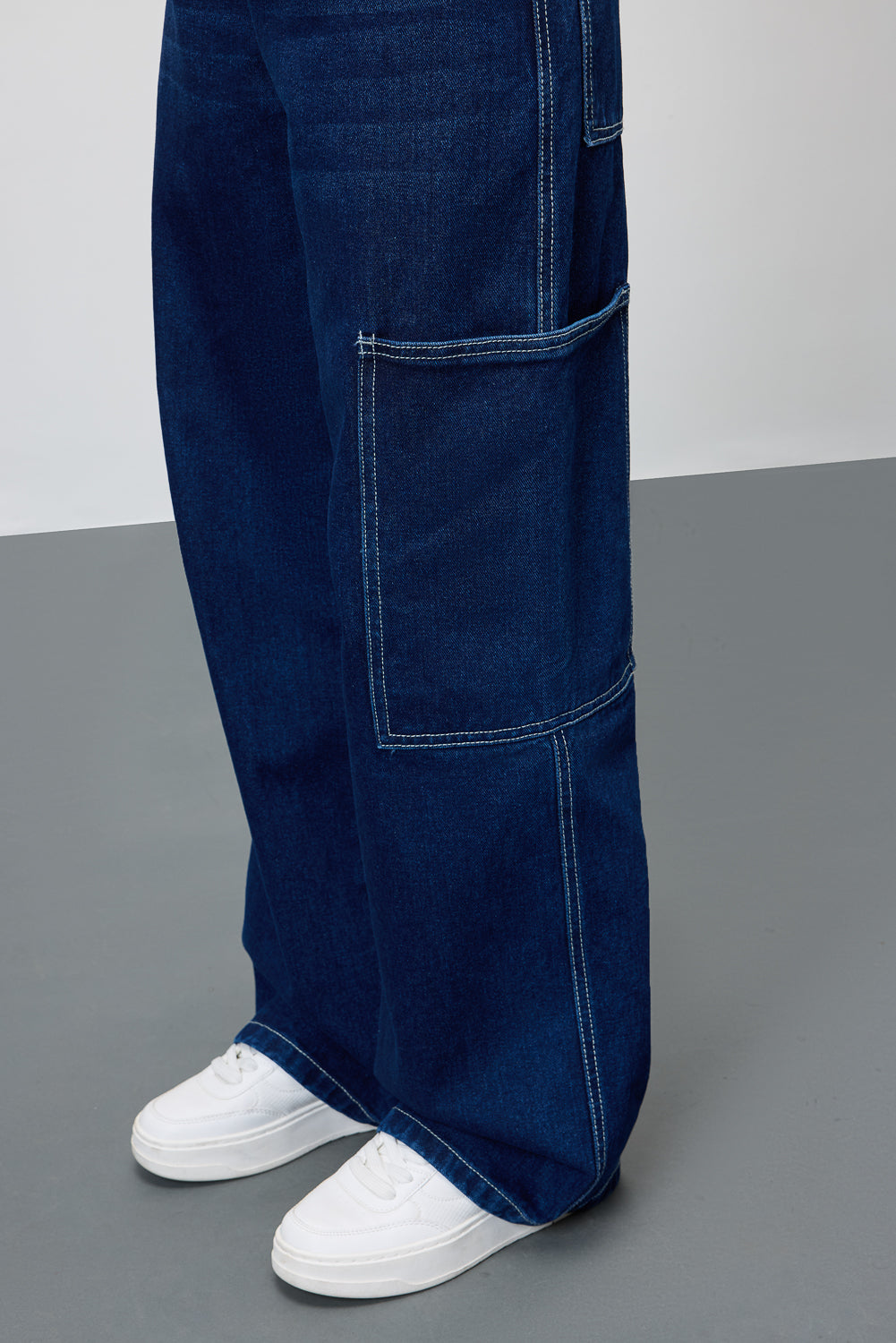 Blue Pinstripe Pocket Women's Baggy Straight Cargo Pants