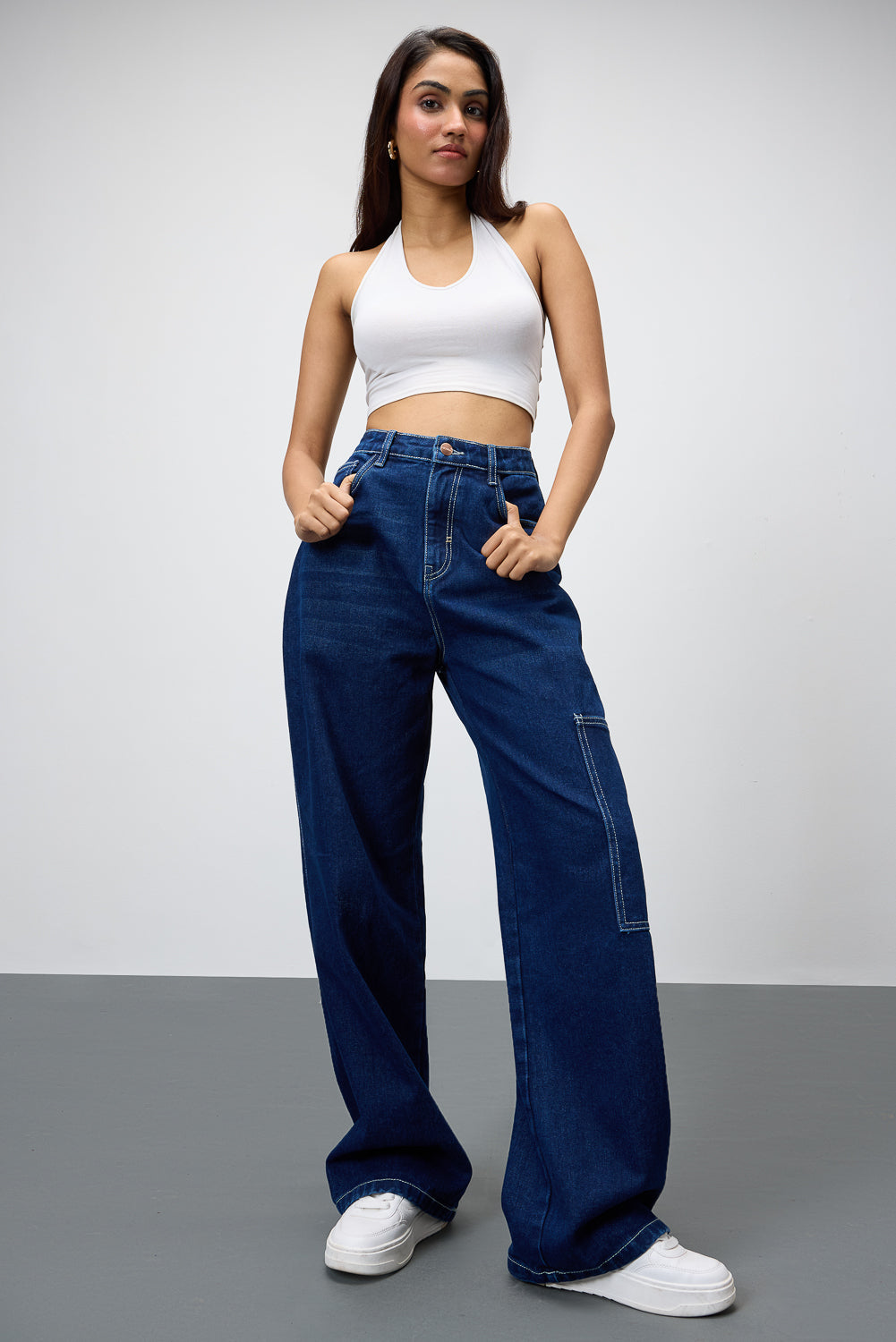Blue Pinstripe Pocket Women's Baggy Straight Cargo Pants
