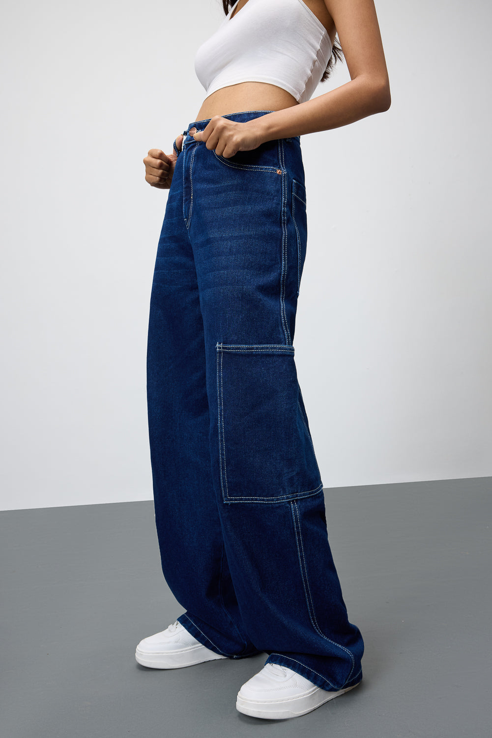 Blue Pinstripe Pocket Women's Baggy Straight Cargo Pants