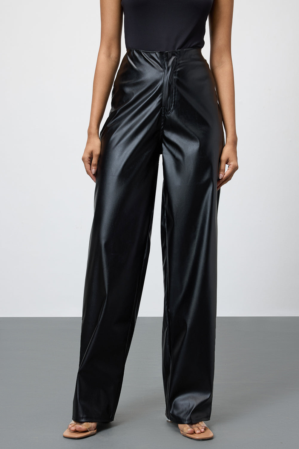 Pitch Black Leather Women's Straight Pants