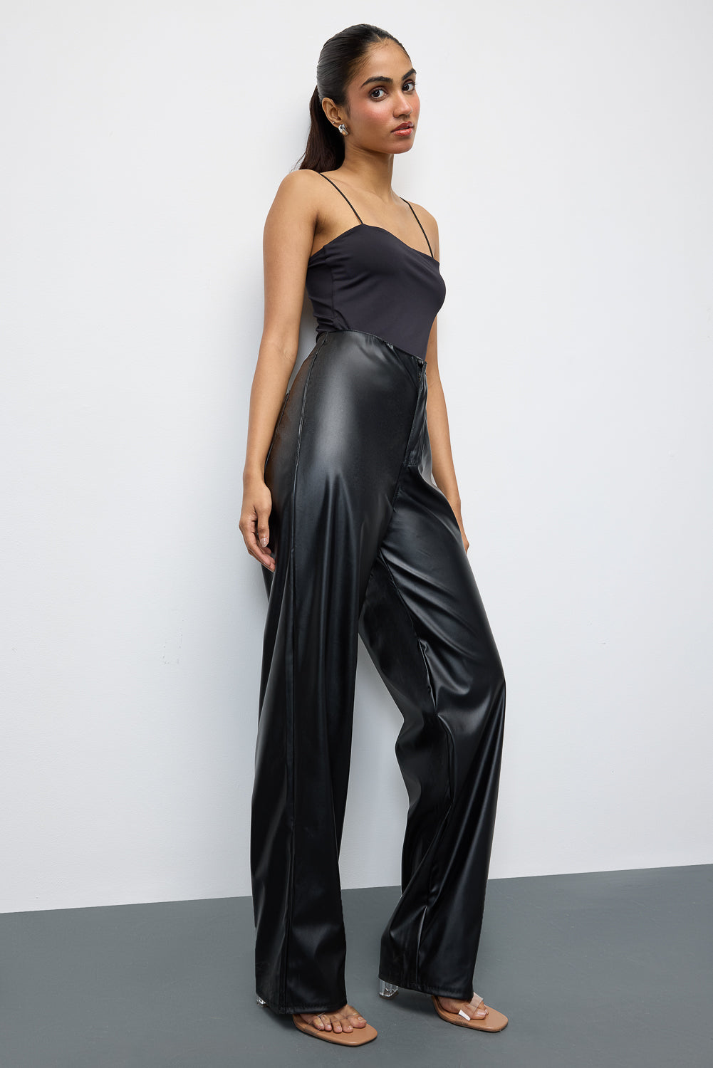 Pitch Black Leather Women's Straight Pants