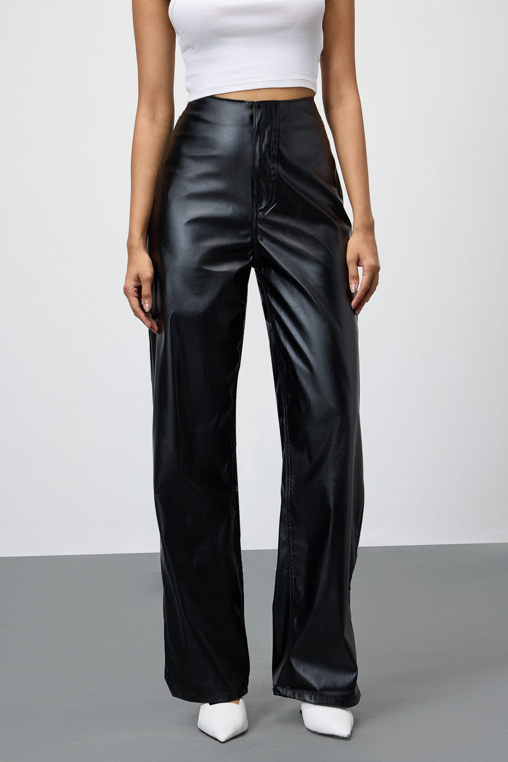 Black Slit-Hem Women's Straight Leather Pants