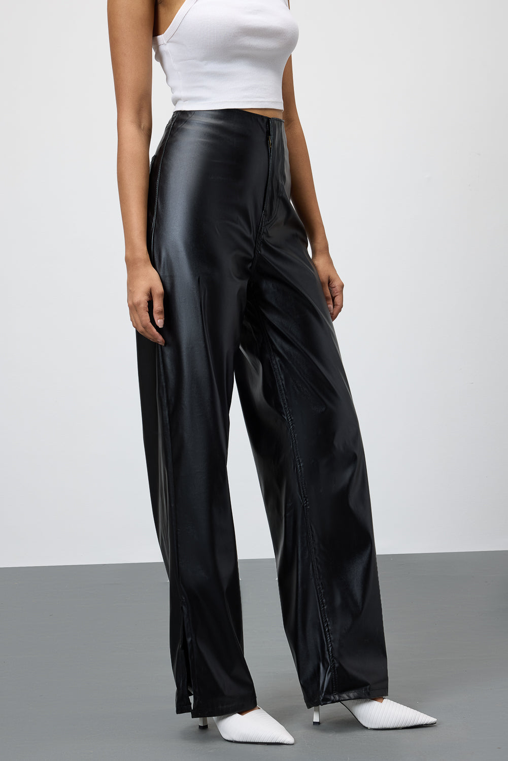 Black Slit-Hem Women's Straight Leather Pants