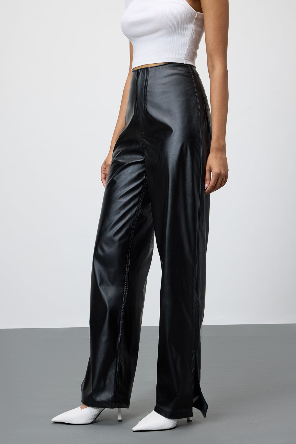 Black Slit-Hem Women's Straight Leather Pants