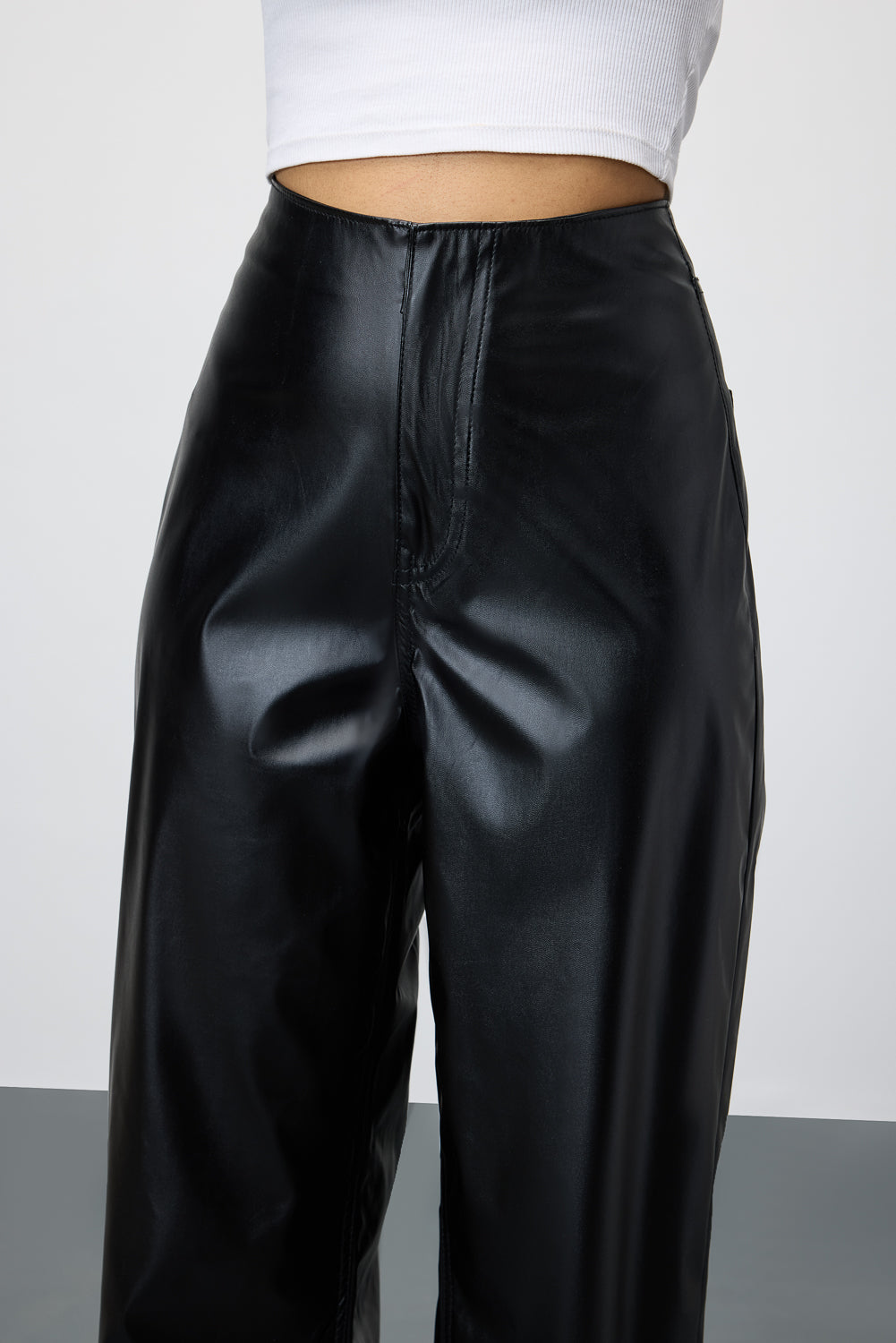 Black Slit-Hem Women's Straight Leather Pants