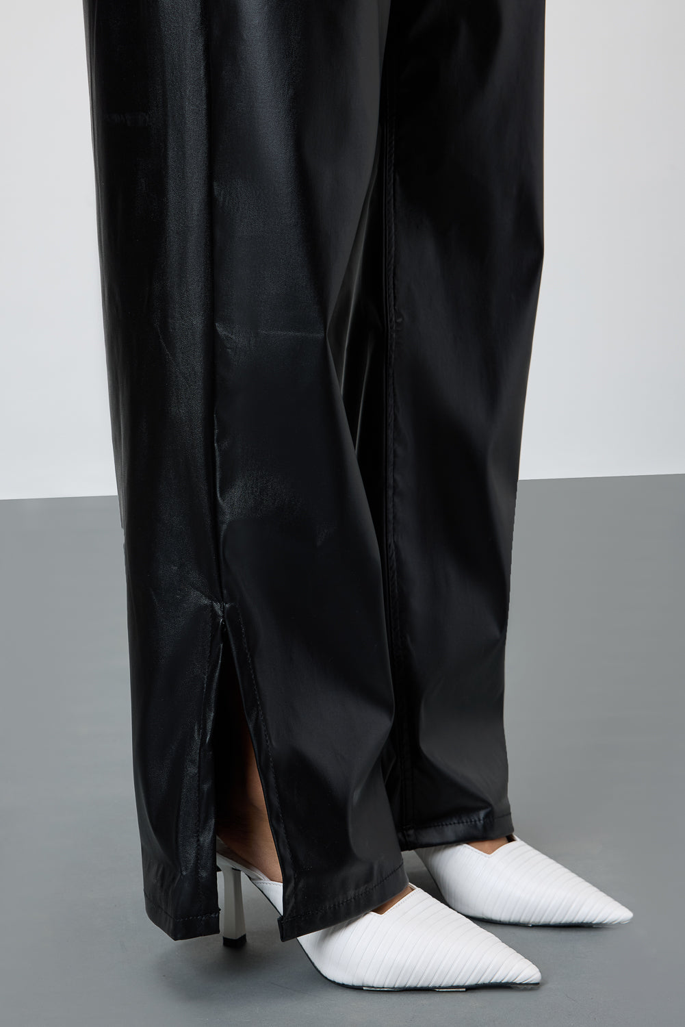 Black Slit-Hem Women's Straight Leather Pants