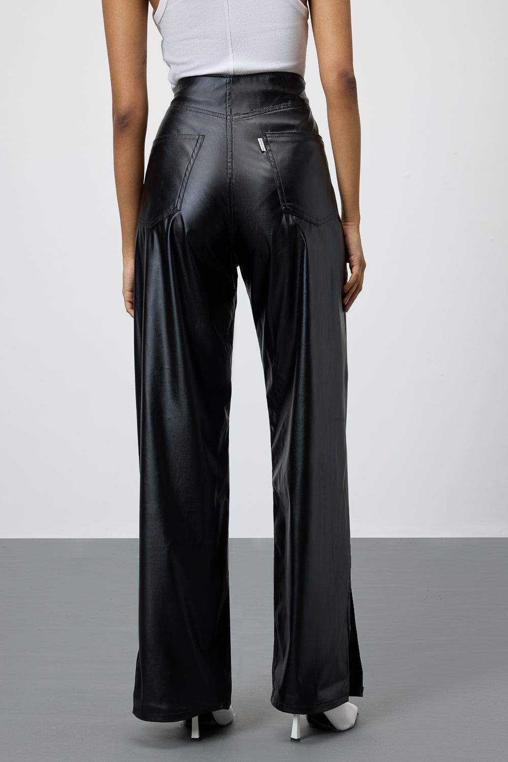 Black Slit-Hem Women's Straight Leather Pants