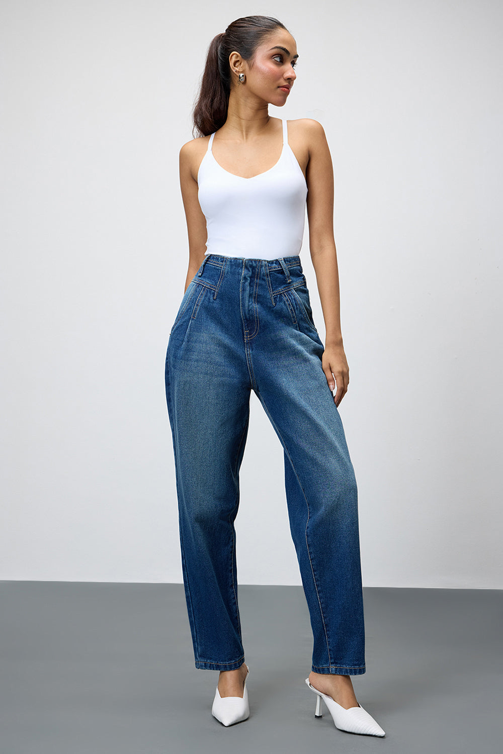 Dark Blue Darted Women's Slouchy Jeans