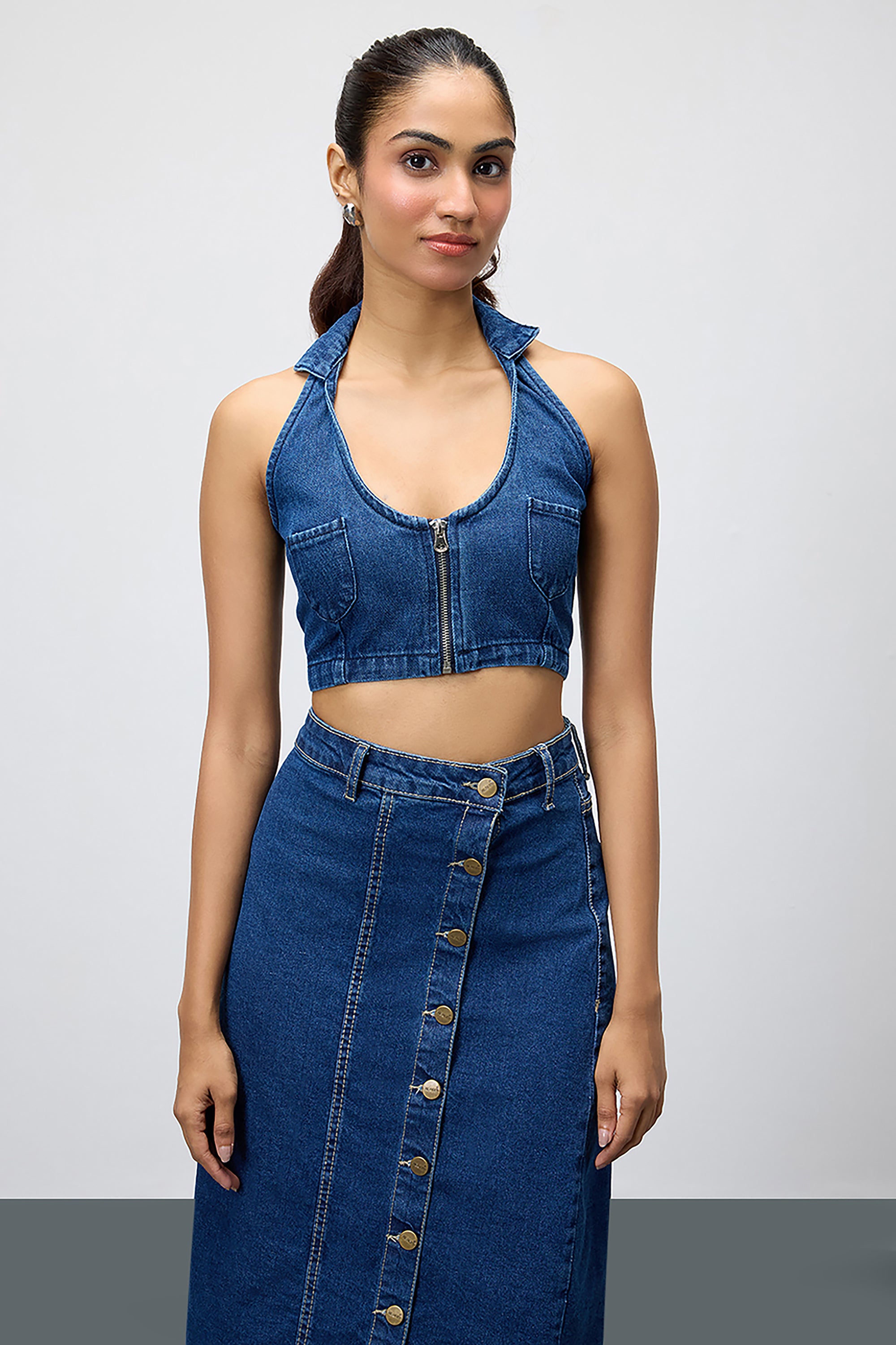 Blue Cropped Women's Halter Denim Top