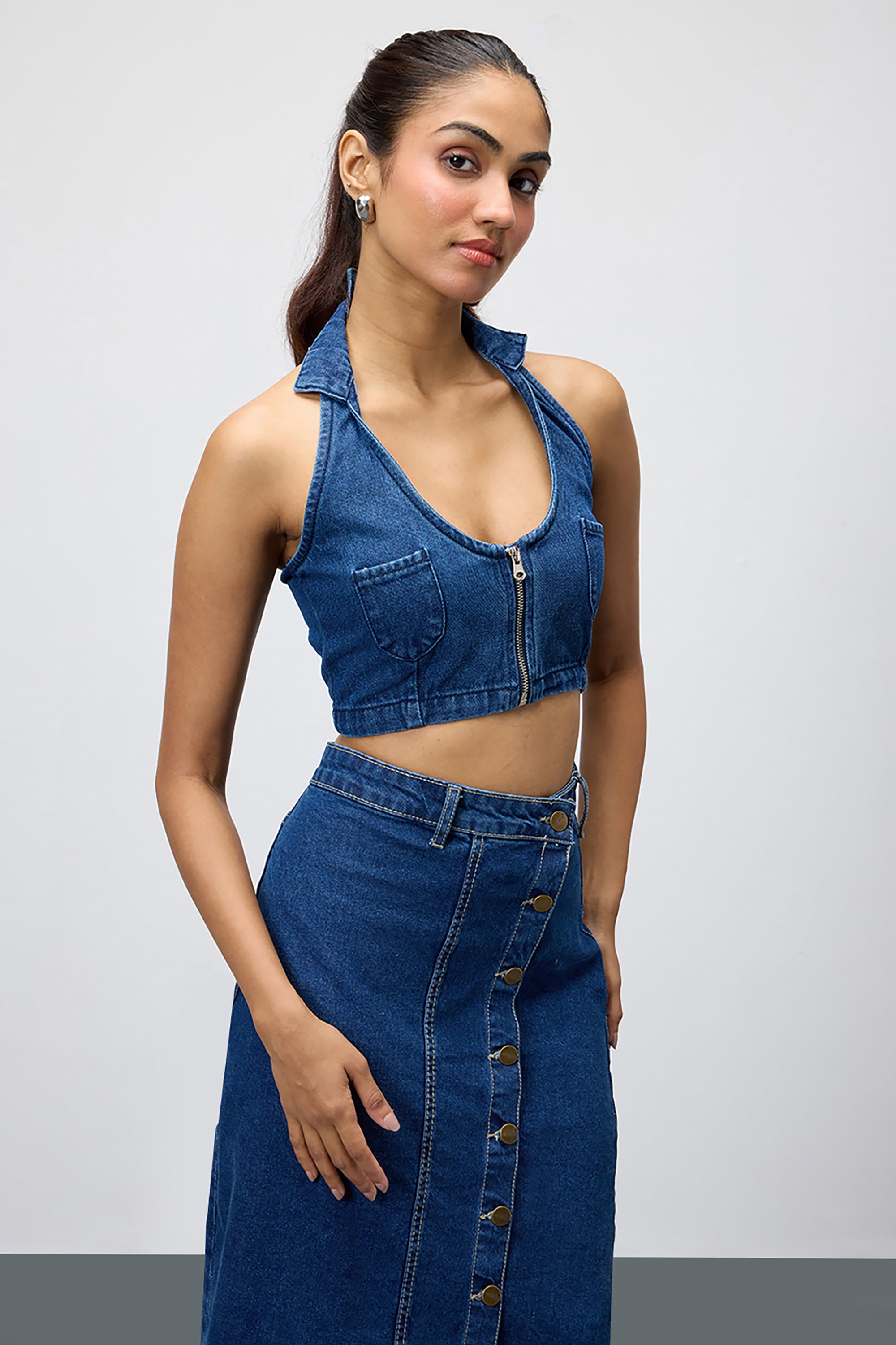 Blue Cropped Women's Halter Denim Top
