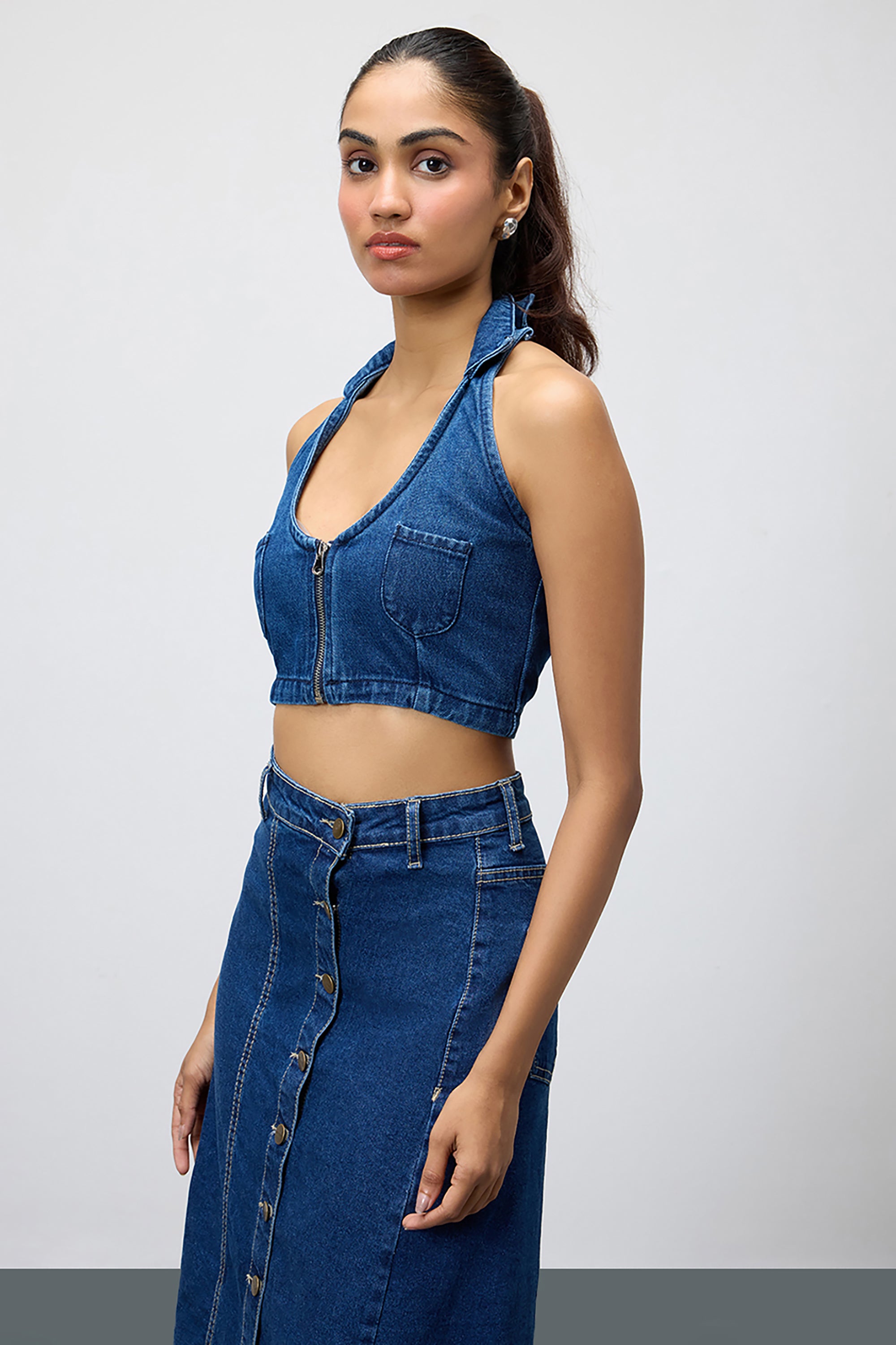 Blue Cropped Women's Halter Denim Top