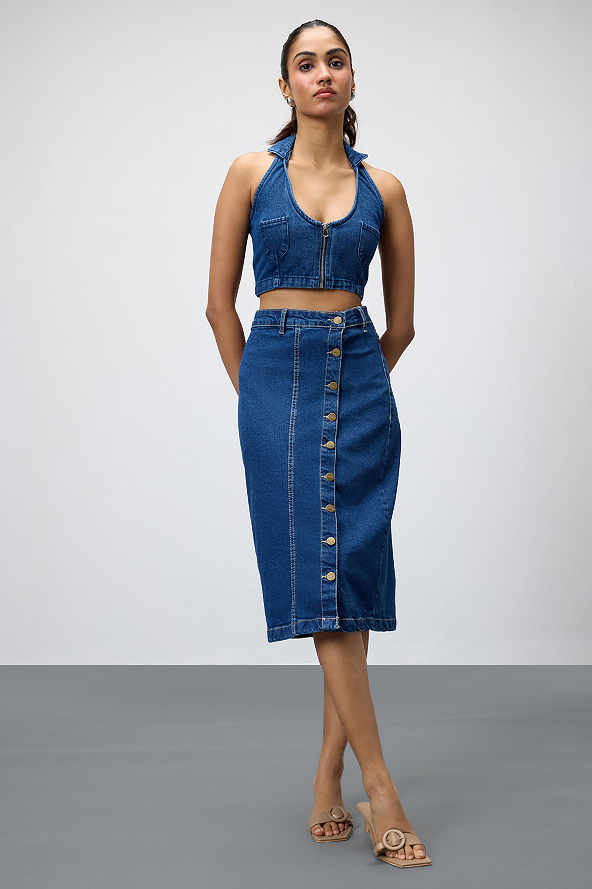 Blue Cropped Women's Halter Denim Top