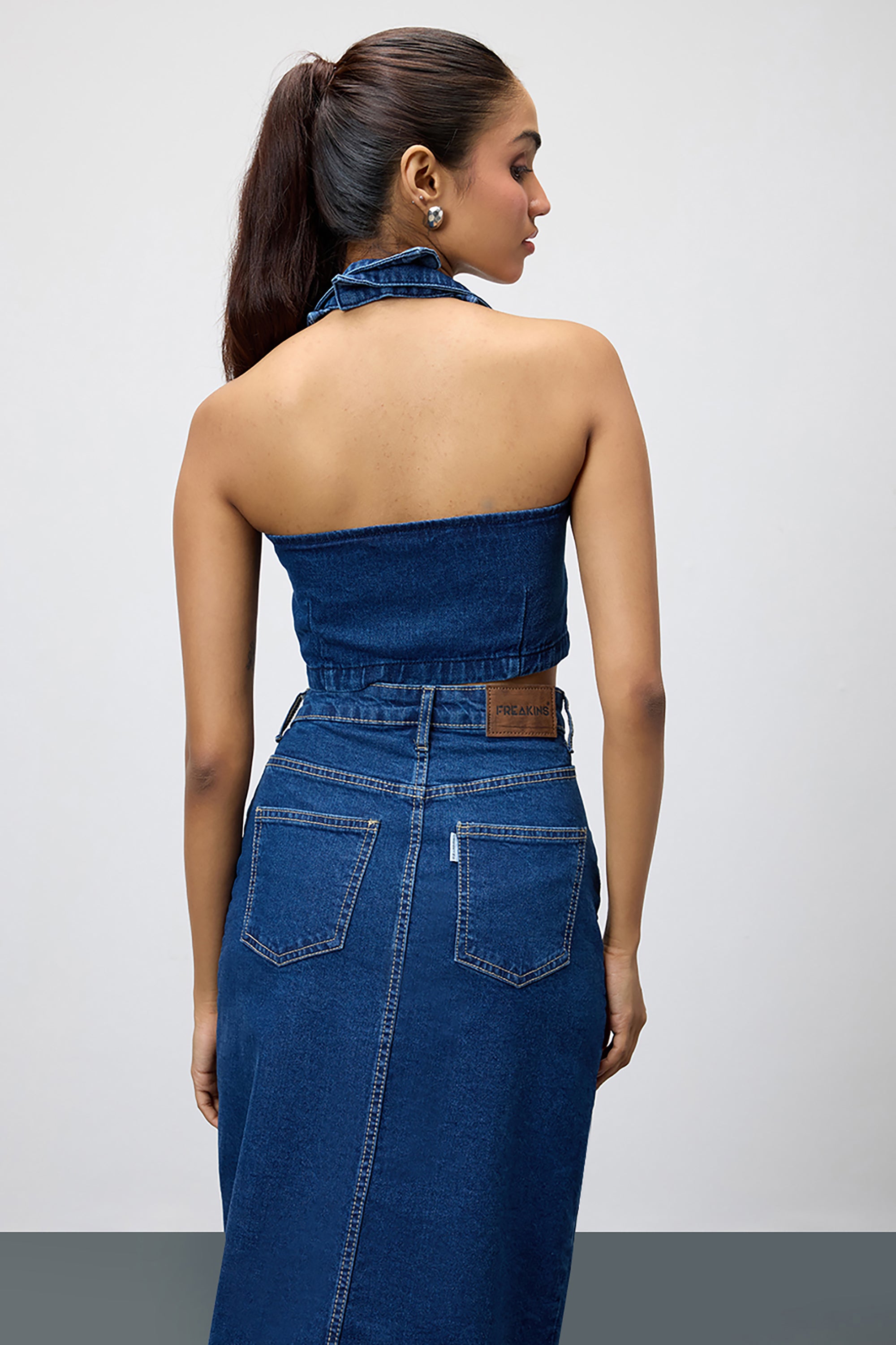 Blue Cropped Women's Halter Denim Top