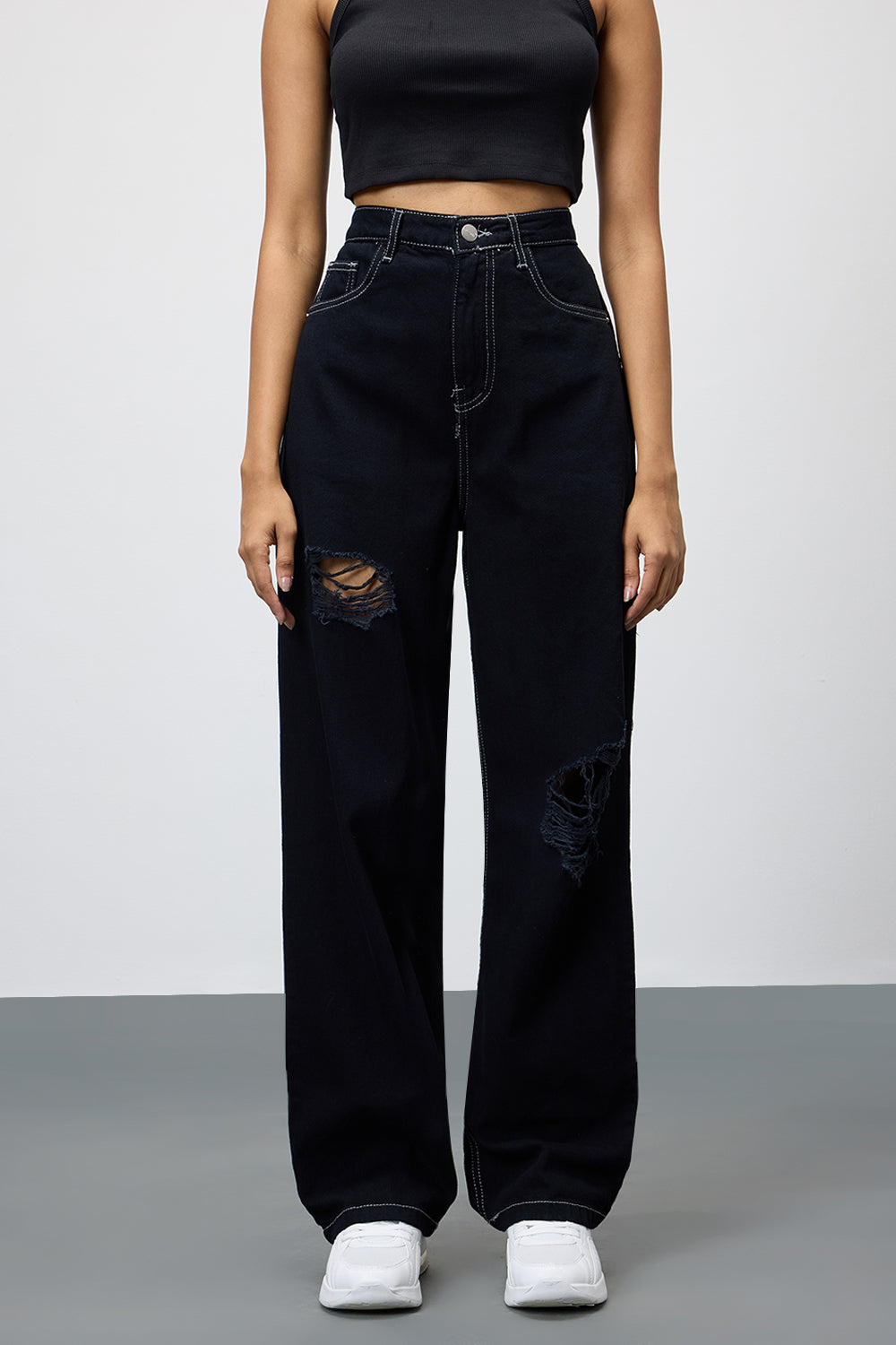 Shadow Black Ripped Women's Straight Leg Jeans