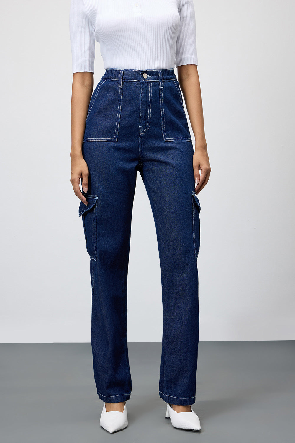 Deep Blue Utility Pocket Women's Straight Cargo Jeans