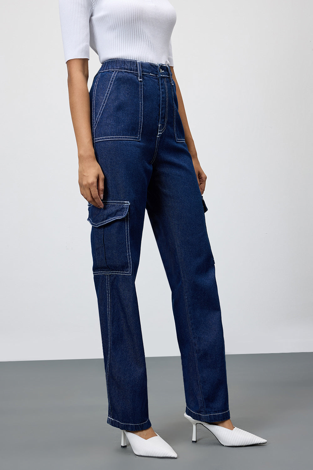 Deep Blue Utility Pocket Women's Straight Cargo Jeans
