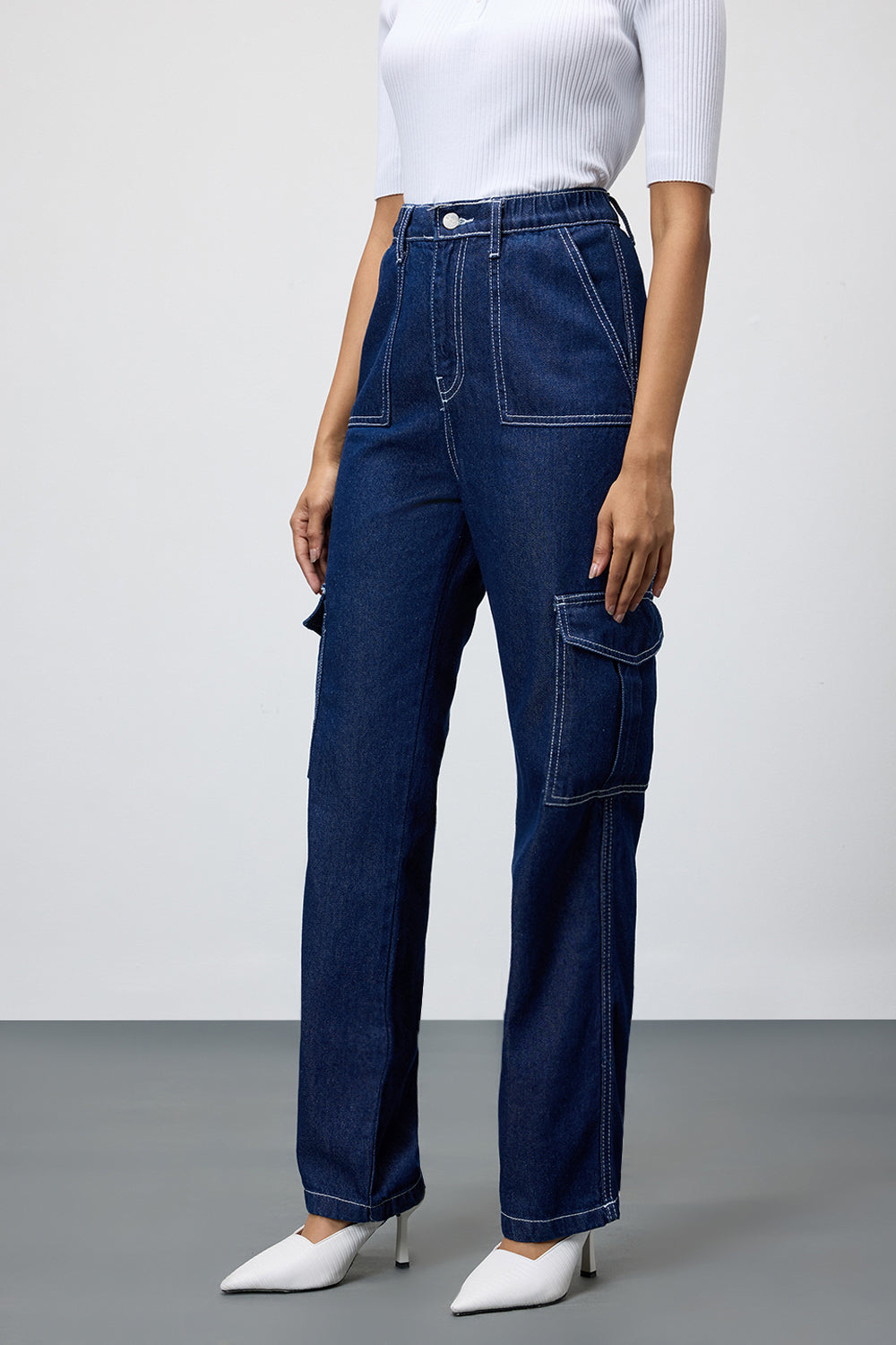Deep Blue Utility Pocket Women's Straight Cargo Jeans