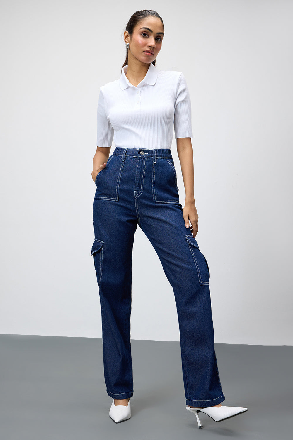 Deep Blue Utility Pocket Women's Straight Cargo Jeans