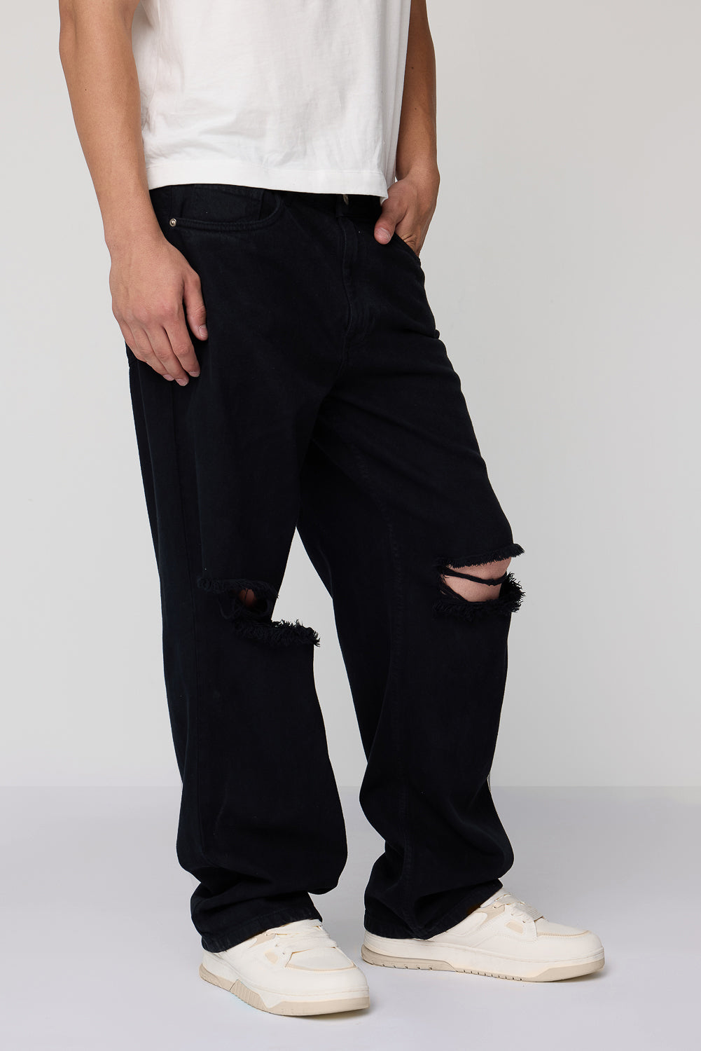 Black Worn-In Men's Baggy Straight Jeans