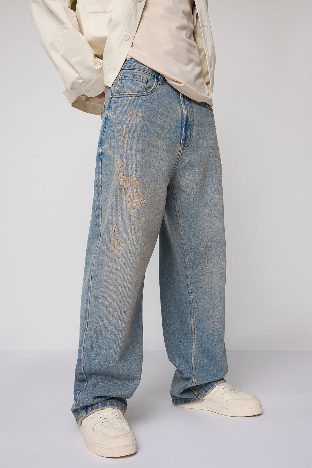 Light Blue Jeans Male Boyfriend Jeans Men Washed Loose Fit Jeans