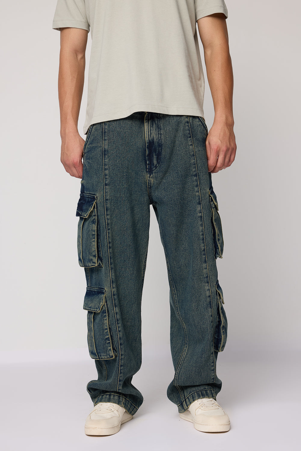 Rugged Ocean Blue Men's Baggy Straight Cargo Jeans
