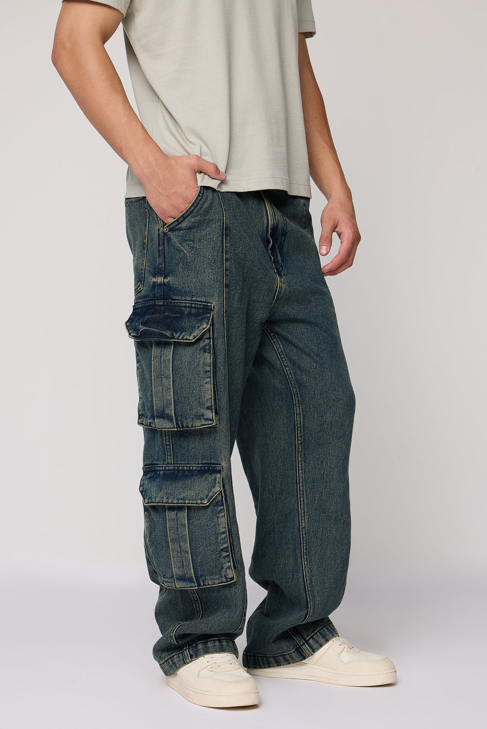 Rugged Ocean Blue Men's Baggy Straight Cargo Jeans