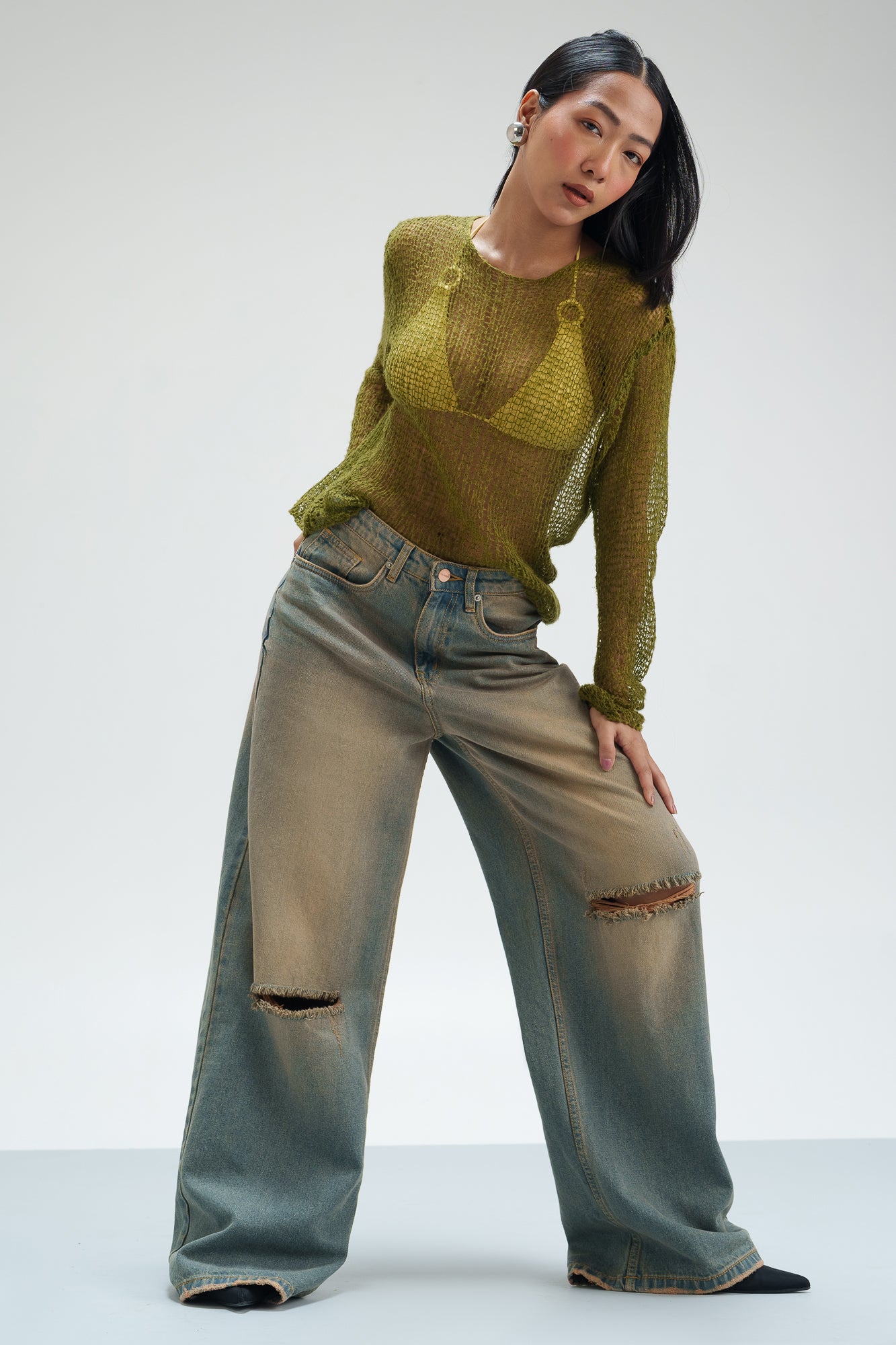 【SCENERITY】Kat Brown Wide Jeans Brown Contrast Stitch Wide Jeans
