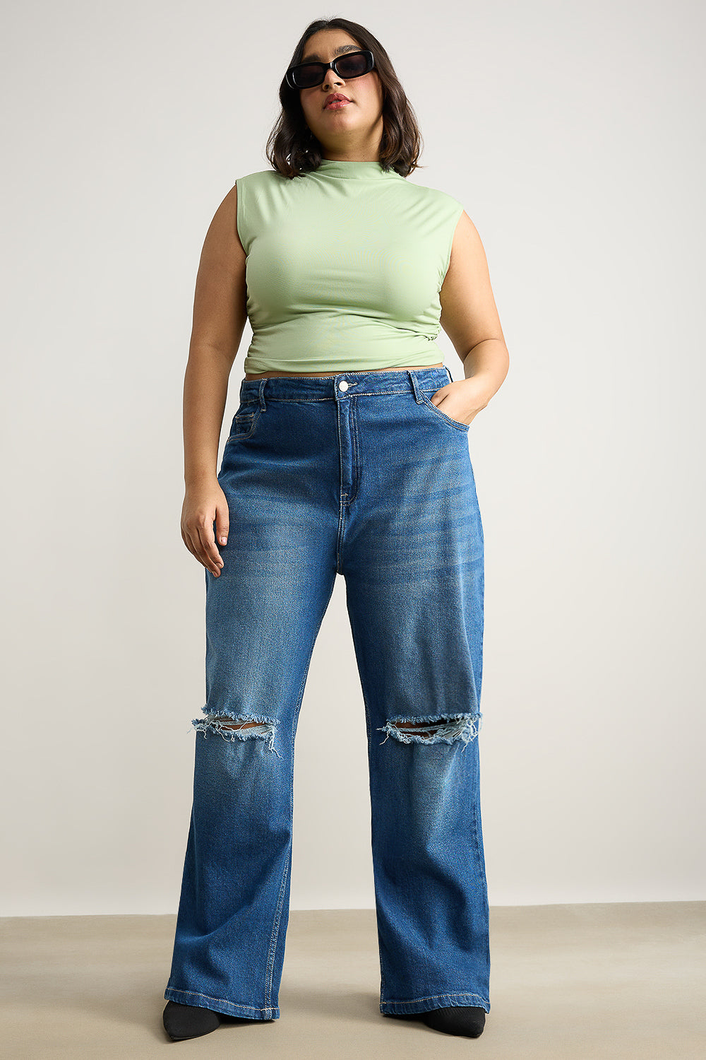 Curve Blue Stone Distressed Wide Fit Jeans