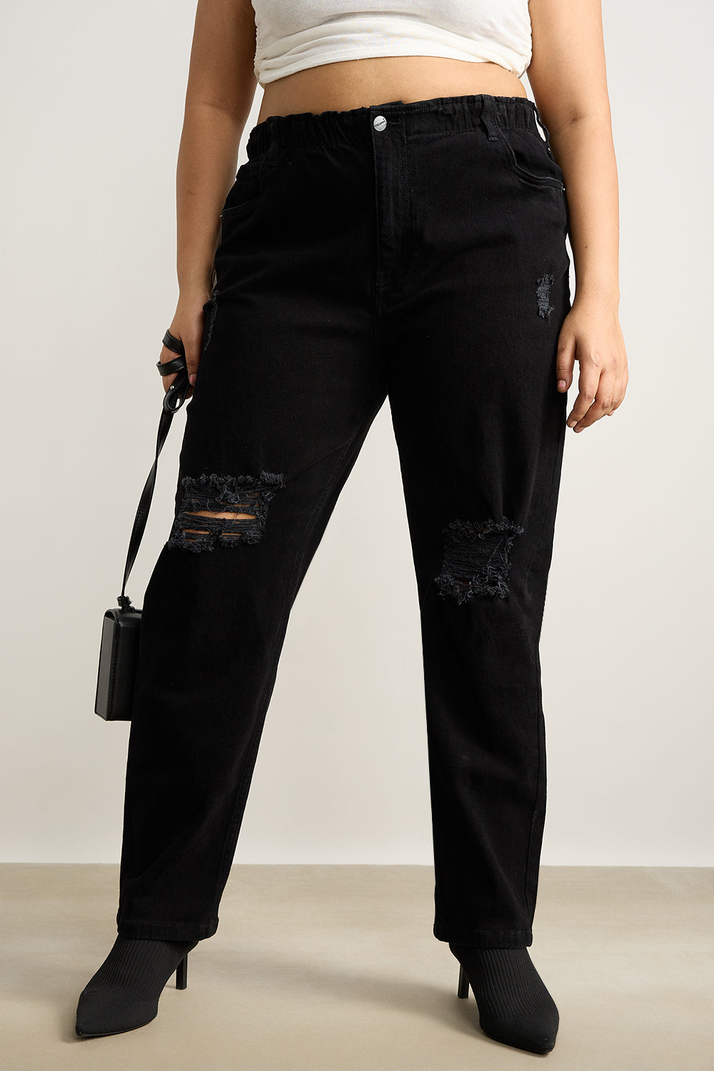 Curve Ebony Elasticated Distress Slim Jeans