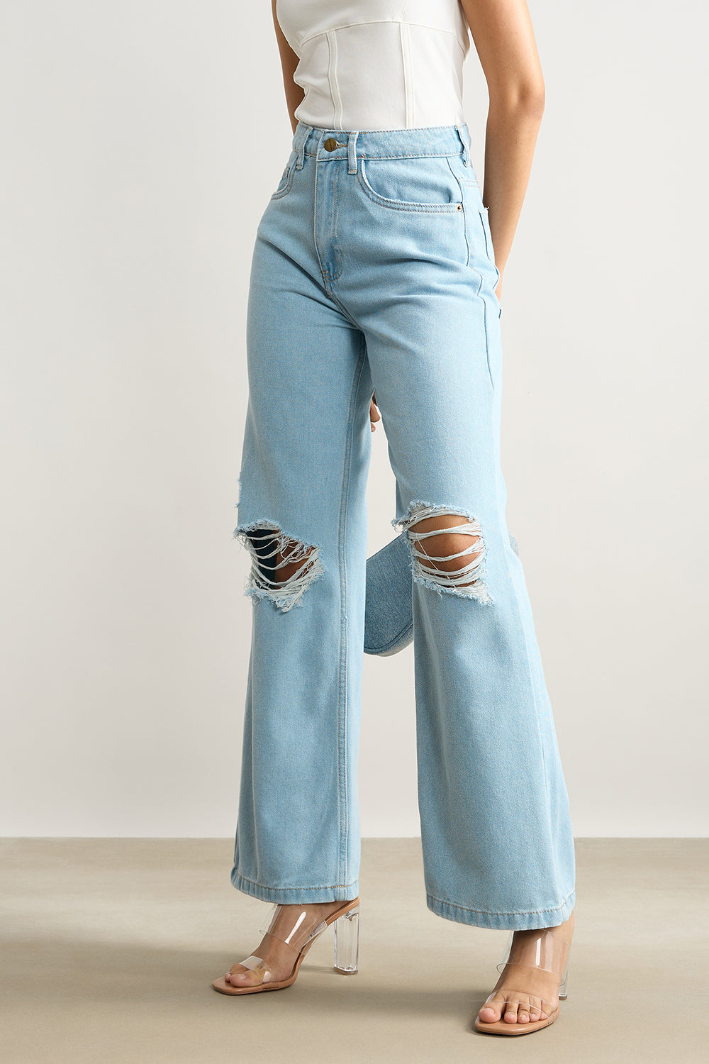 Light Blue High Waisted Distressed Women's Wide Jeans