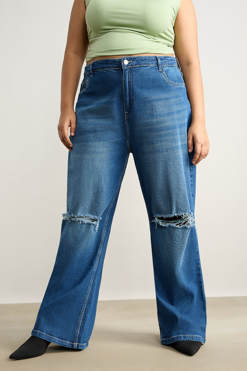 Curve Blue Stone Distressed Wide Fit Jeans