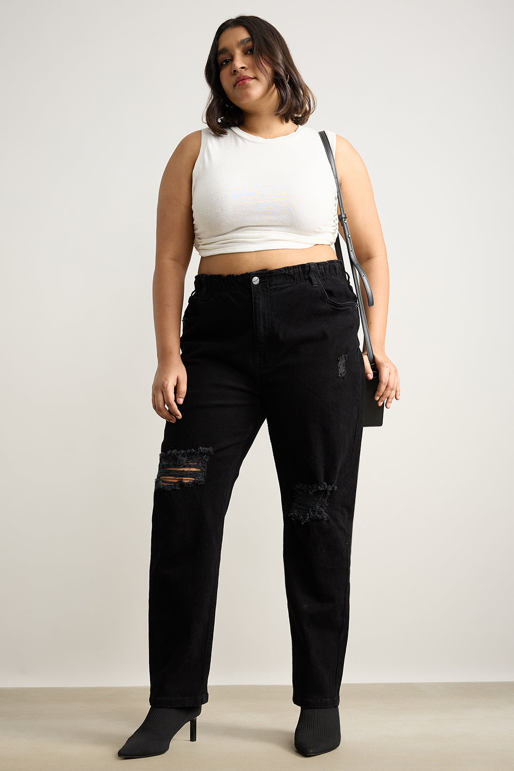 Curve Ebony Elasticated Distress Slim Jeans
