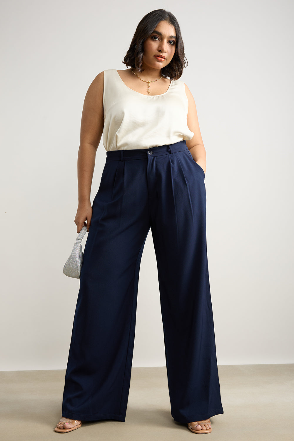 Curve Navy Pleated Straight Korean Pants - Main Image
