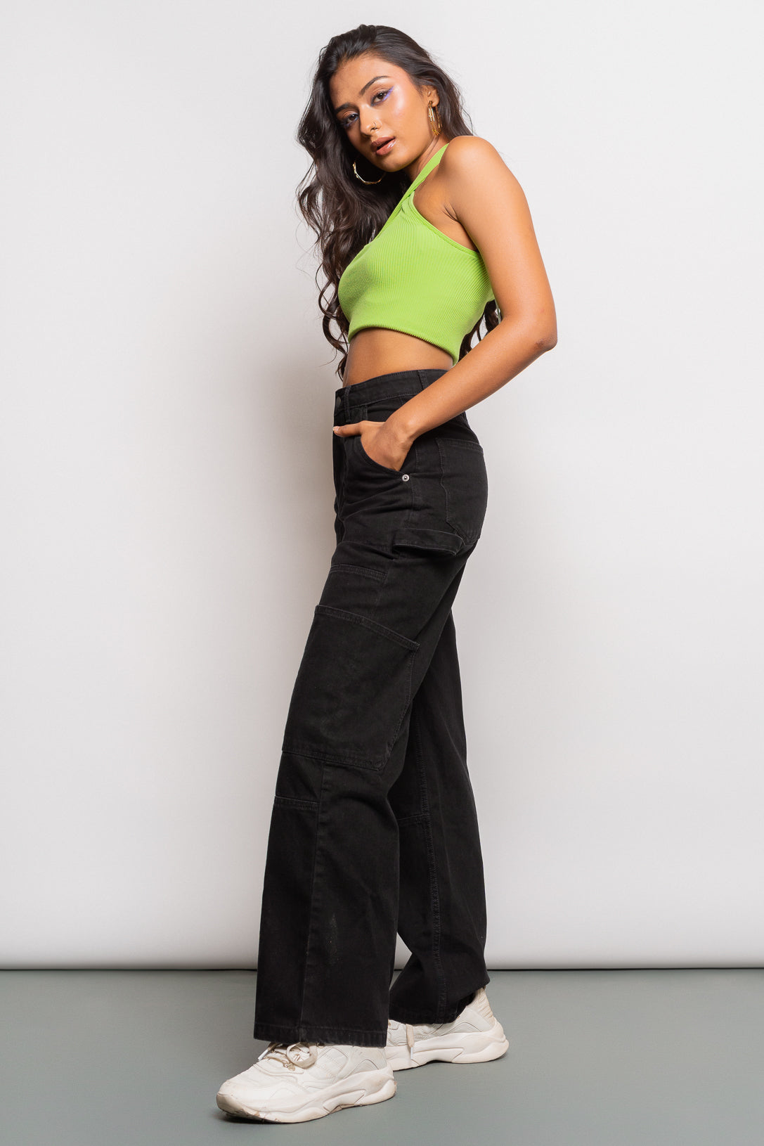 Black Patch & Pocket Women's Straight Cargo Jeans