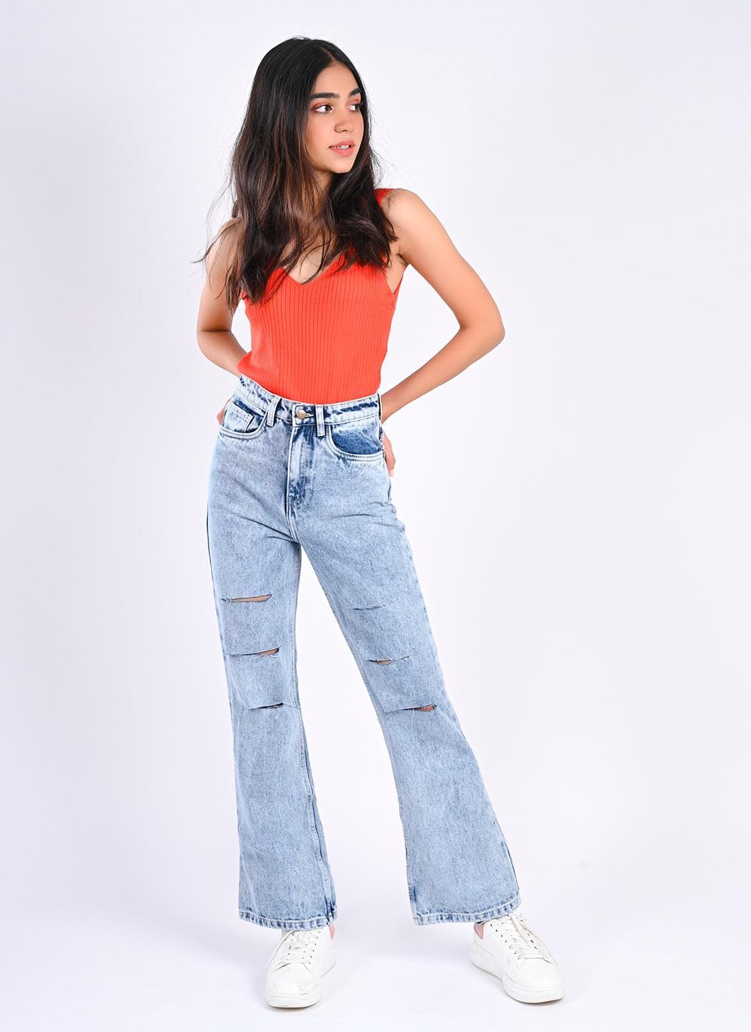 90's Ripped ice blue bootcut jeans