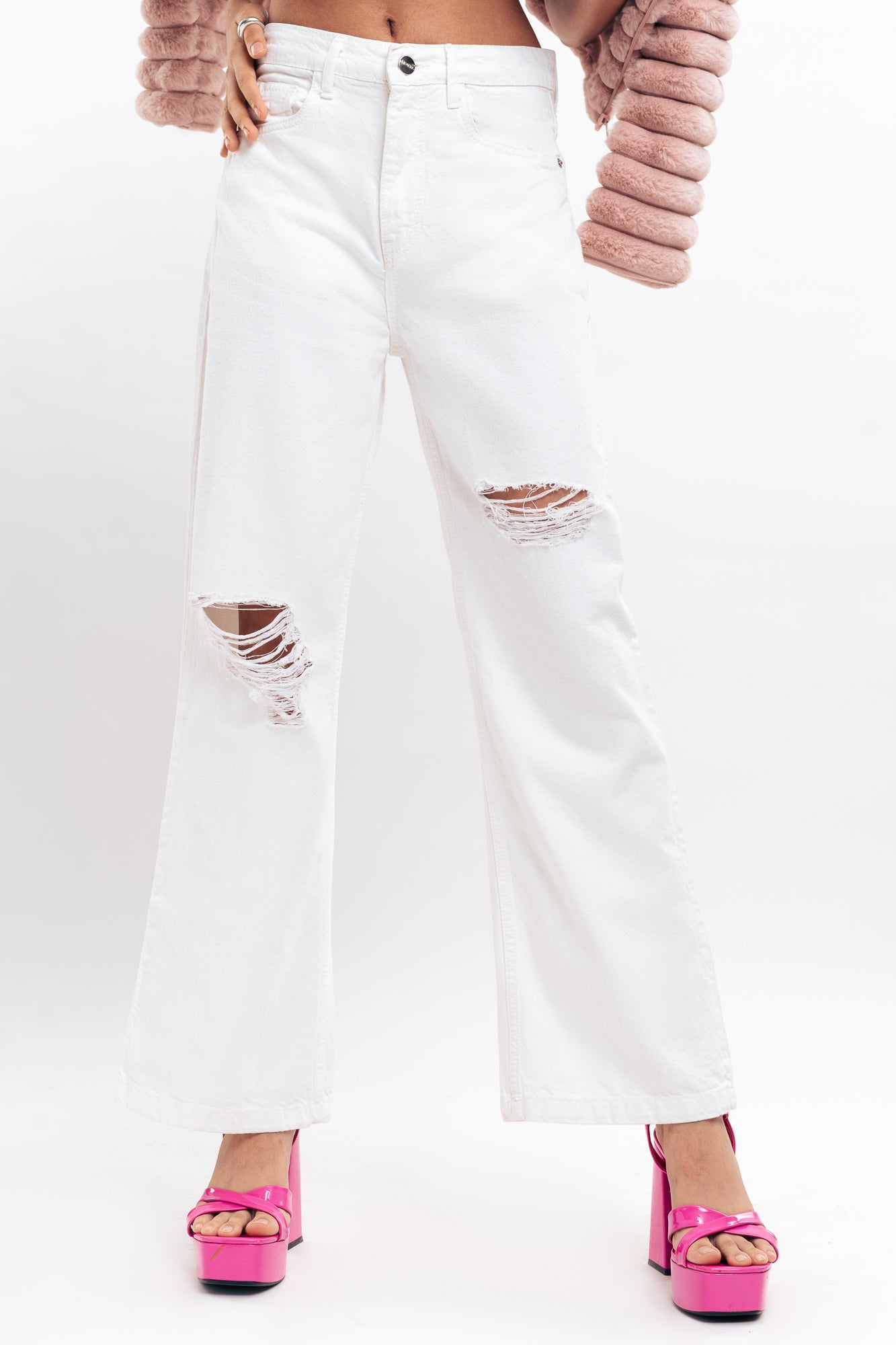 WHITE DISTRESSED WIDE LEG JEANS