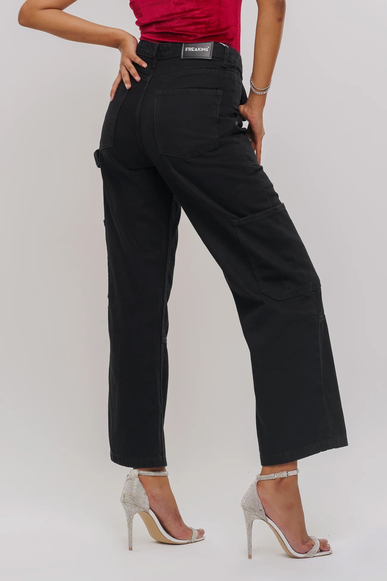 Black Patch & Pocket Women's Straight Cargo Jeans