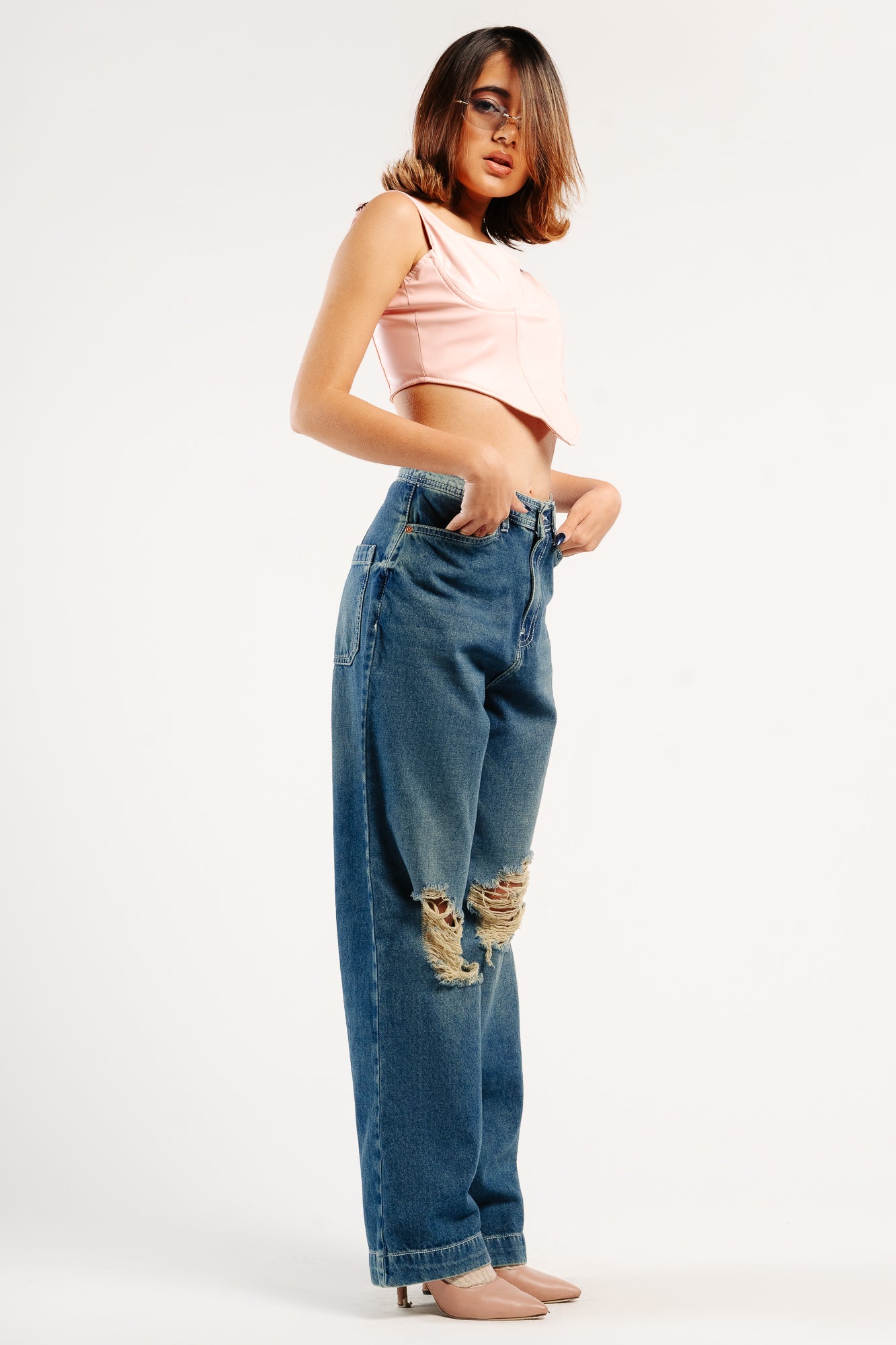 Blue Tinted Distressed Women's Straight Jeans