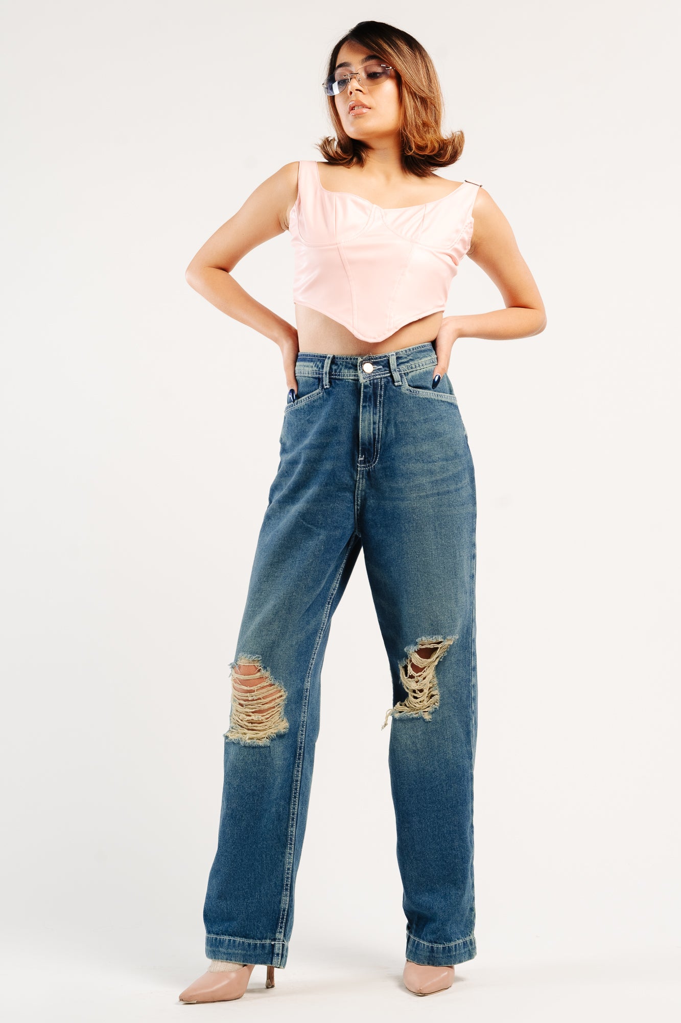 Blue Tinted Distressed Women's Straight Jeans