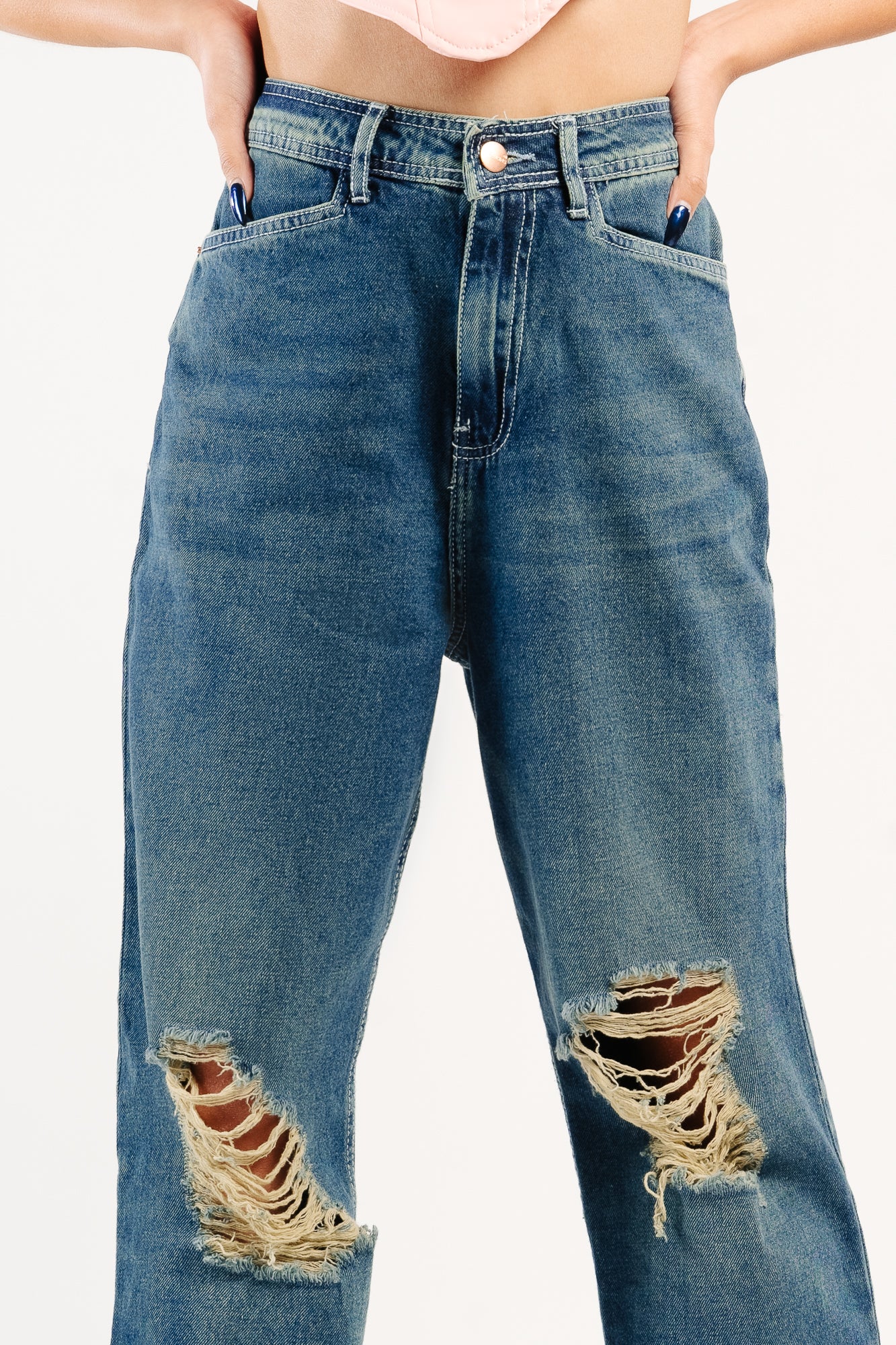 Blue Tinted Distressed Women's Straight Jeans