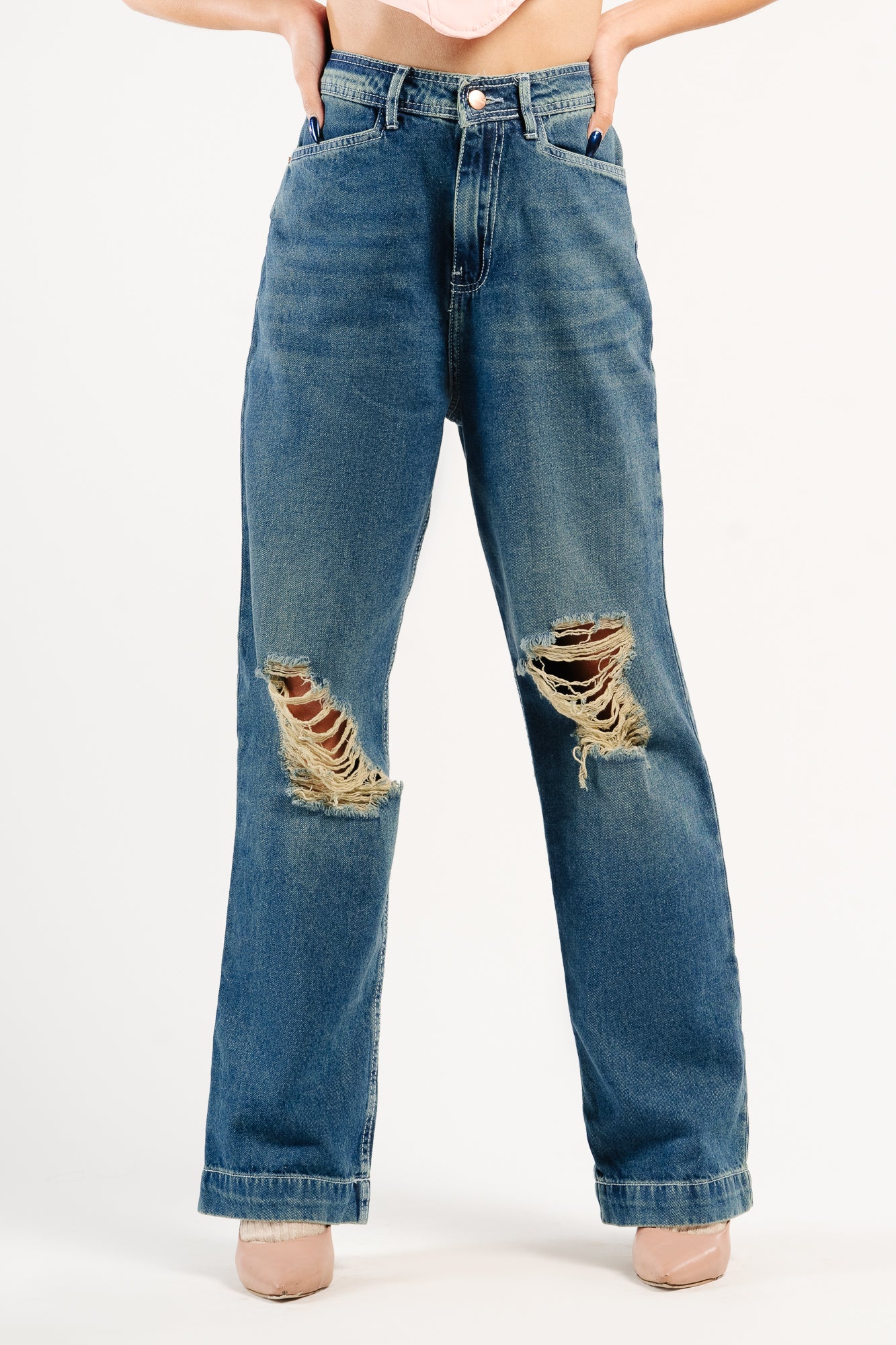 Blue Tinted Distressed Women's Straight Jeans