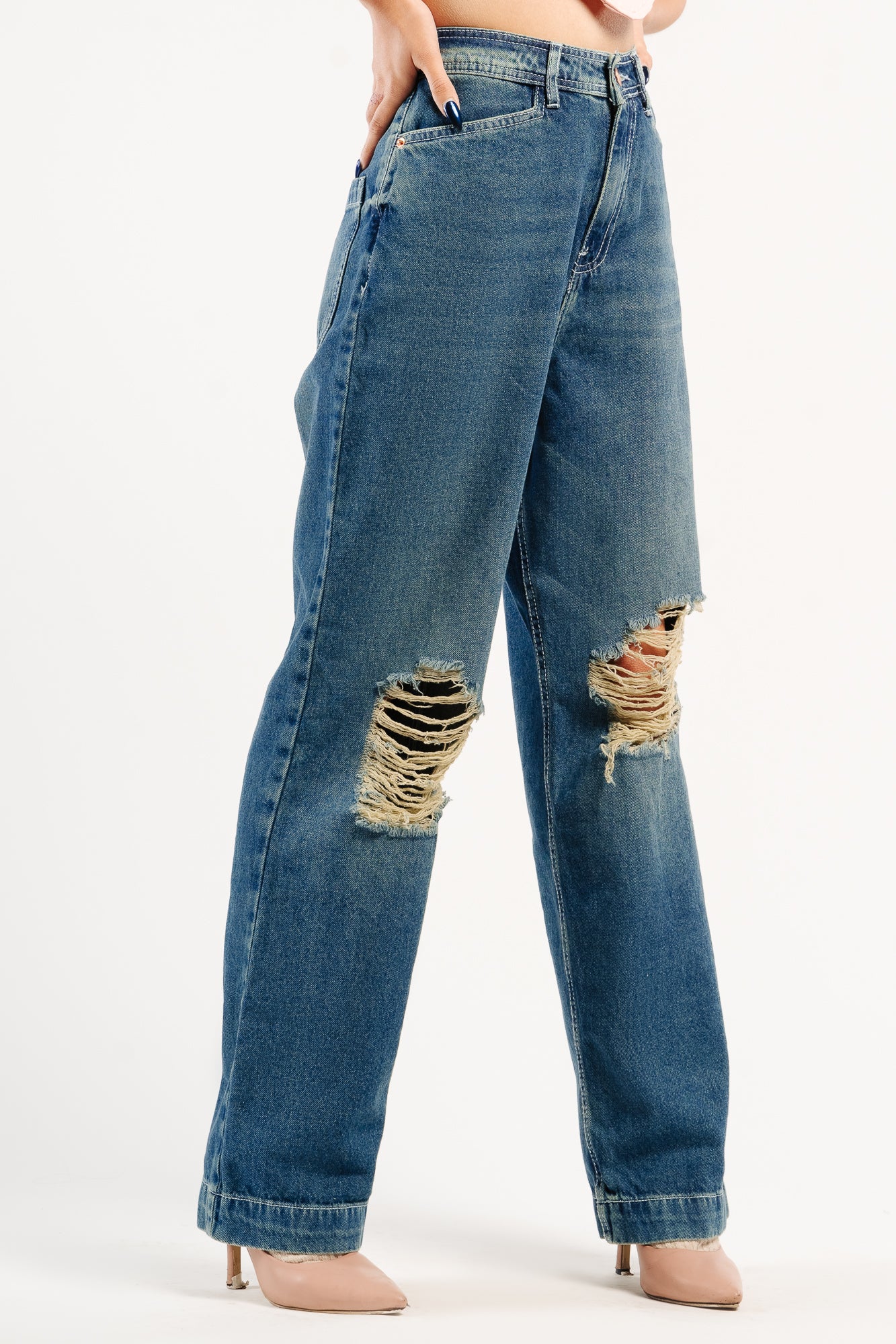 Blue Tinted Distressed Women's Straight Jeans