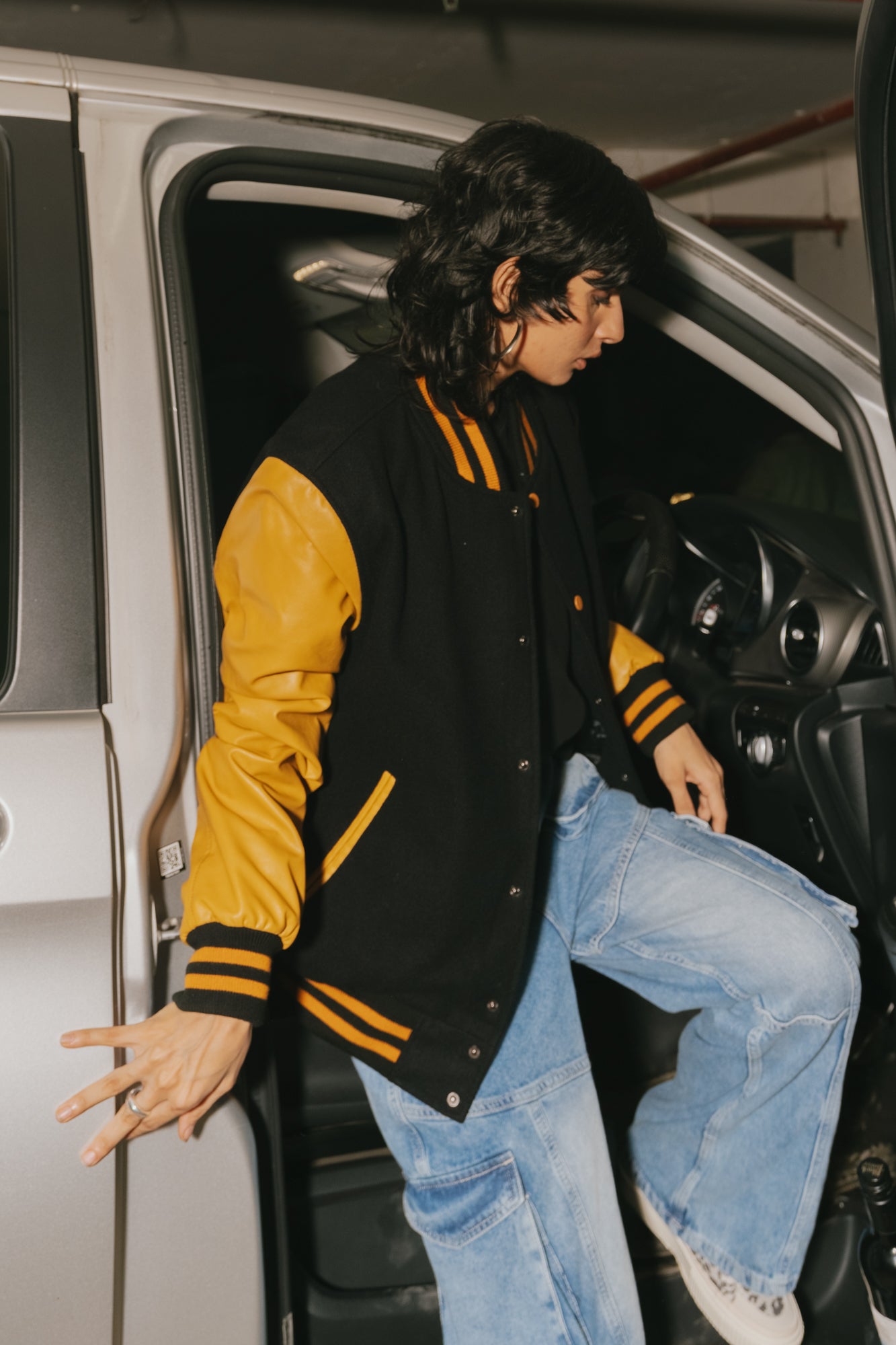 Black yellow cheap varsity jacket