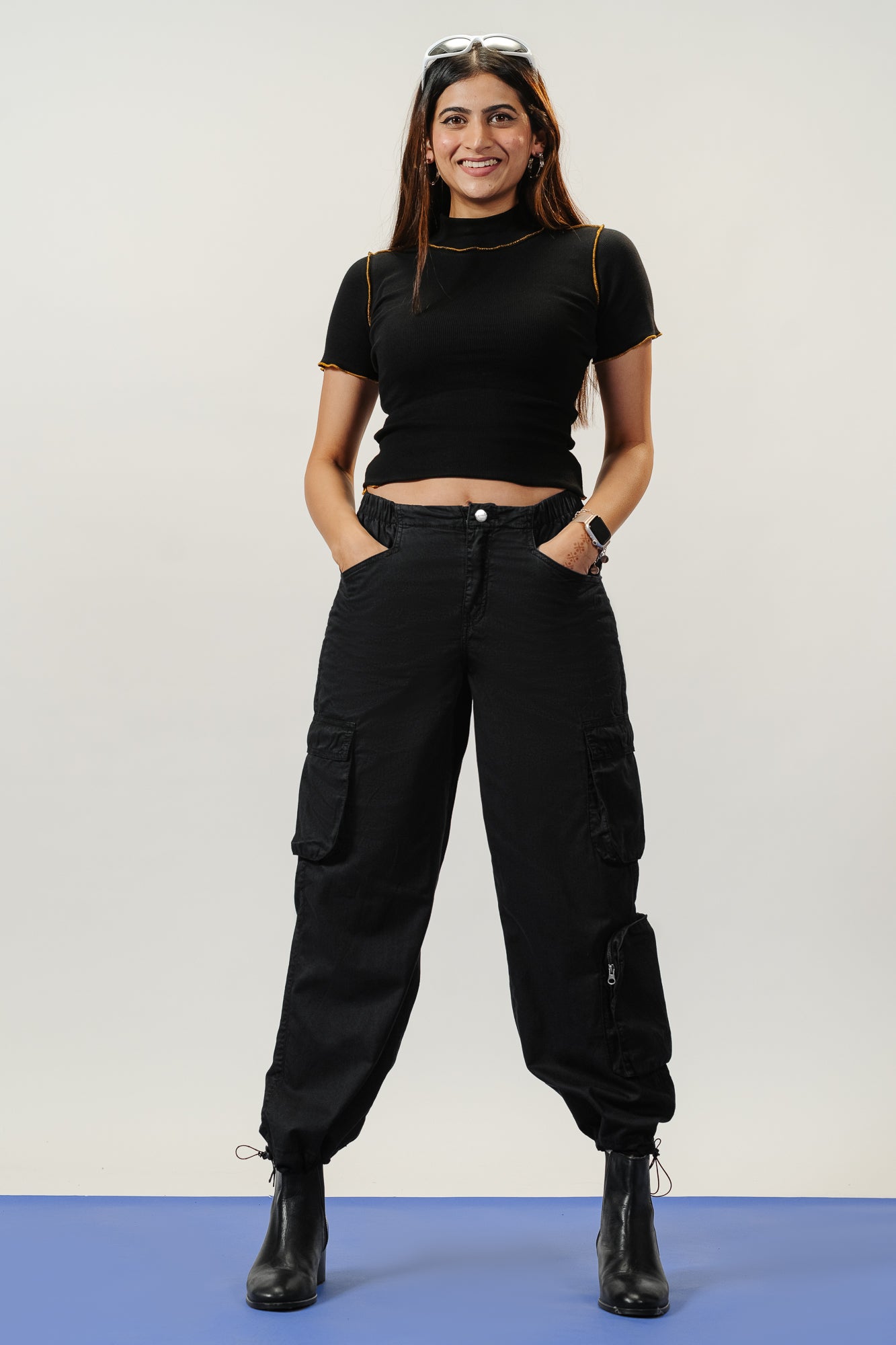 Korean Crop Tops And Joggers Denim Black Elasticated Cargo Joggers