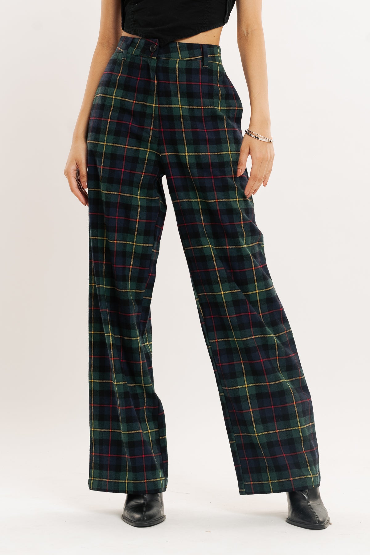 Green And Navy Blue Checkered Straight Fit Pant